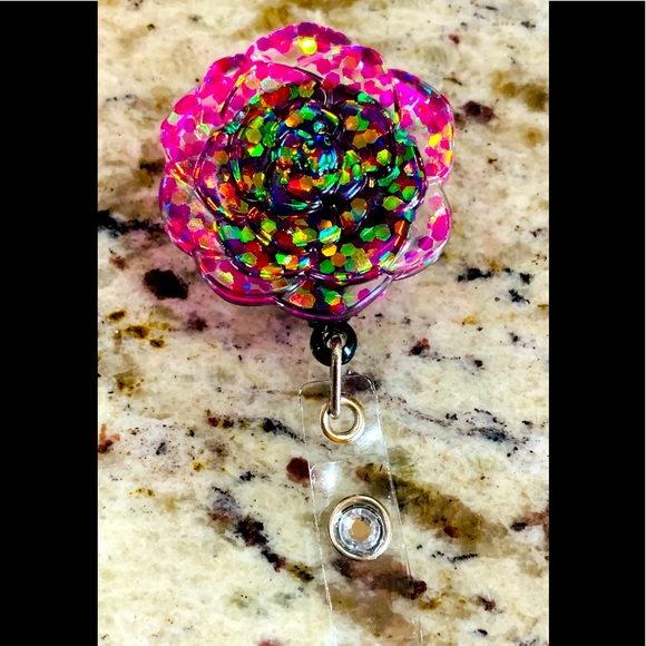 Hand Crafted Accessories - Pink Flower glitter badge pull.